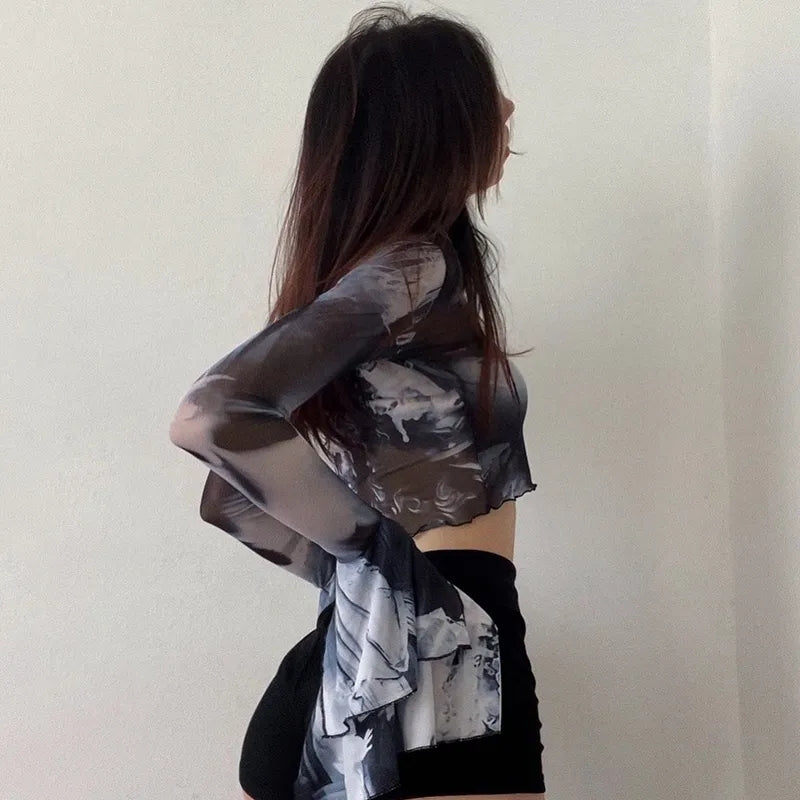 Y2K Punk Print Flare Long Sleeve Top