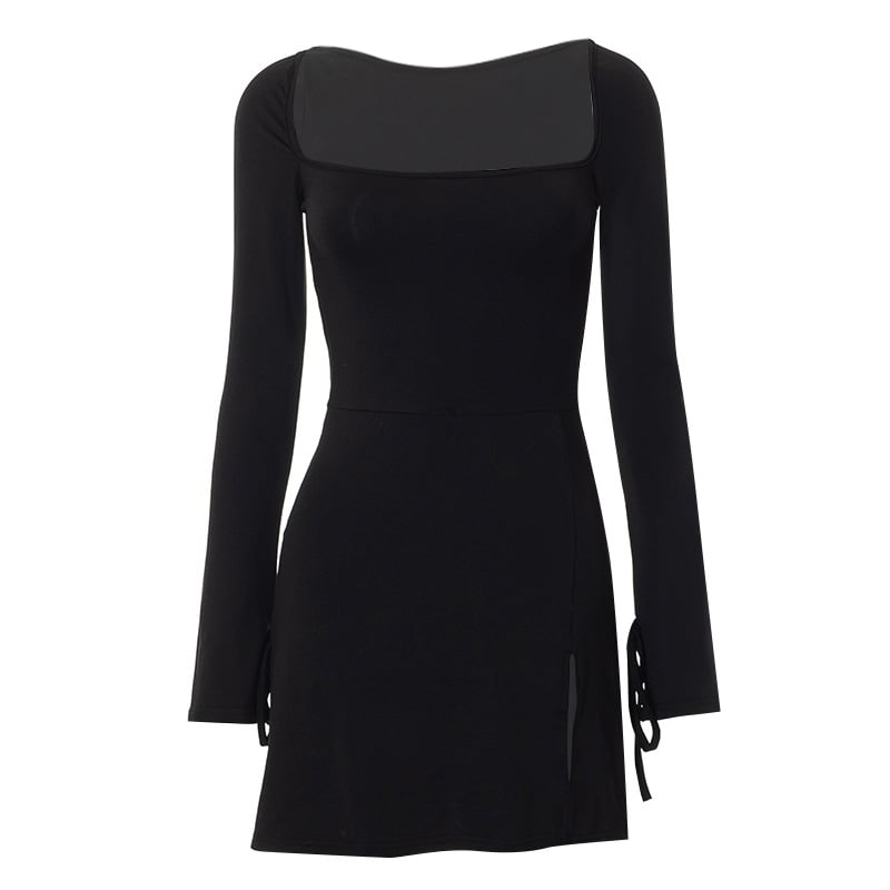 Black Square Neck Long Sleeve Mini Dress