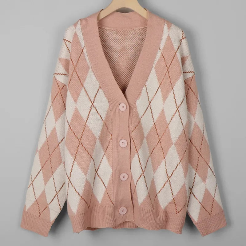 Pink Argyle V Neck Sweater