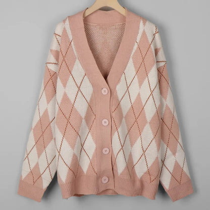 Pink Argyle V Neck Sweater