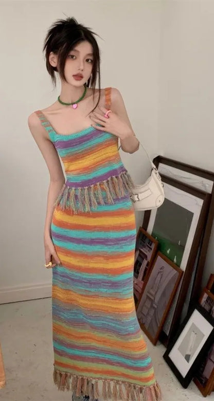Rainbow Stripe Tassel Tank Top + Maxi Skirt