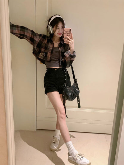 Pink & Black Plaid Cropped Long Sleeve Shirt
