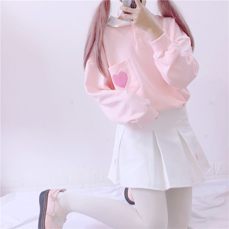 Cute Heart Embroidery Pocket Oversized Sweater Long Sleeve Shirt Pullover Hoodie Sweatshirt E-Girl Kawaii Korean Japanese Harajuku Retro Streetwear