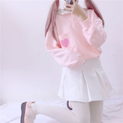 Cute Heart Embroidery Pocket Oversized Sweater Long Sleeve Shirt Pullover Hoodie Sweatshirt E-Girl Kawaii Korean Japanese Harajuku Retro Streetwear