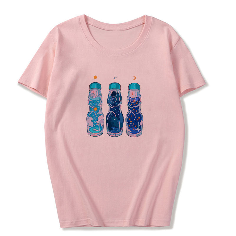 Cute Pink Milkshakes Drink Summer Pastel Print Short Sleeve Shirt Tee T-shirt E-Girl Kawaii Korean Japanese Harajuku Retro Streetwear Aesthetic