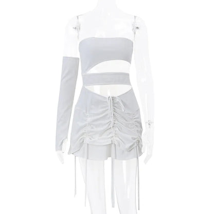 White Hollow Out Drawstring Strapless Mini Dress