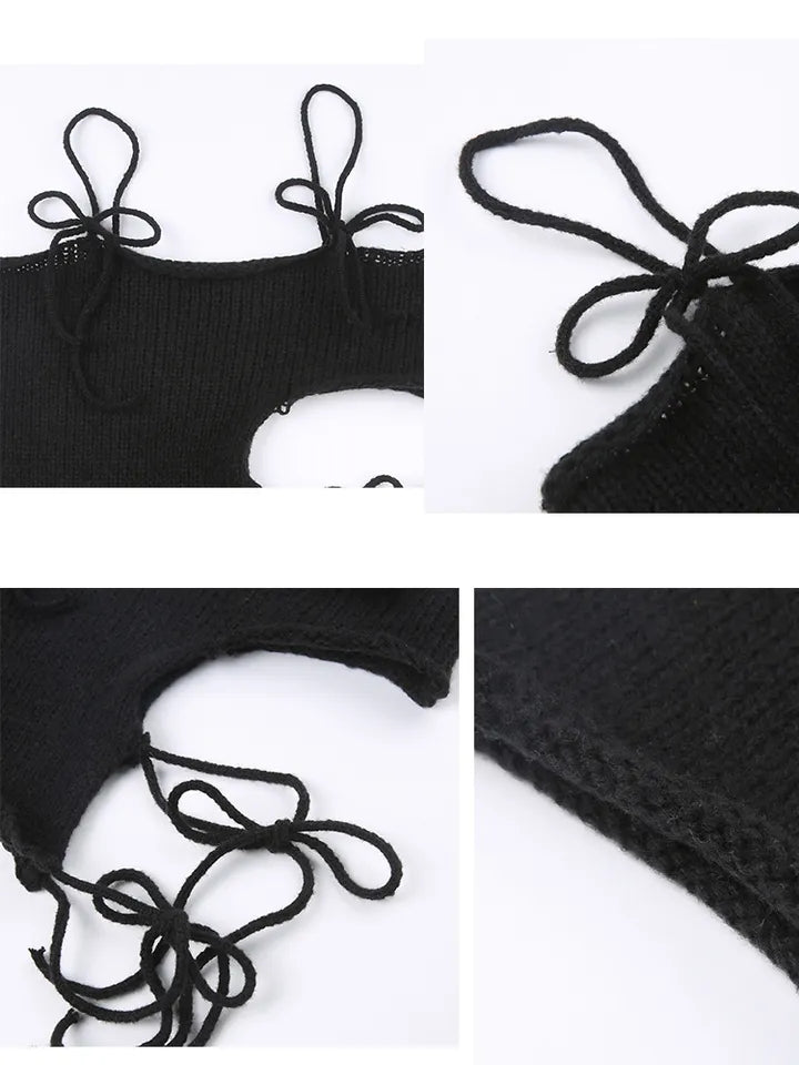 Black Knit Tie Up Backless Crop Top