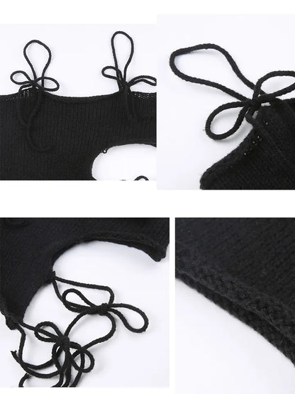 Black Knit Tie Up Backless Crop Top