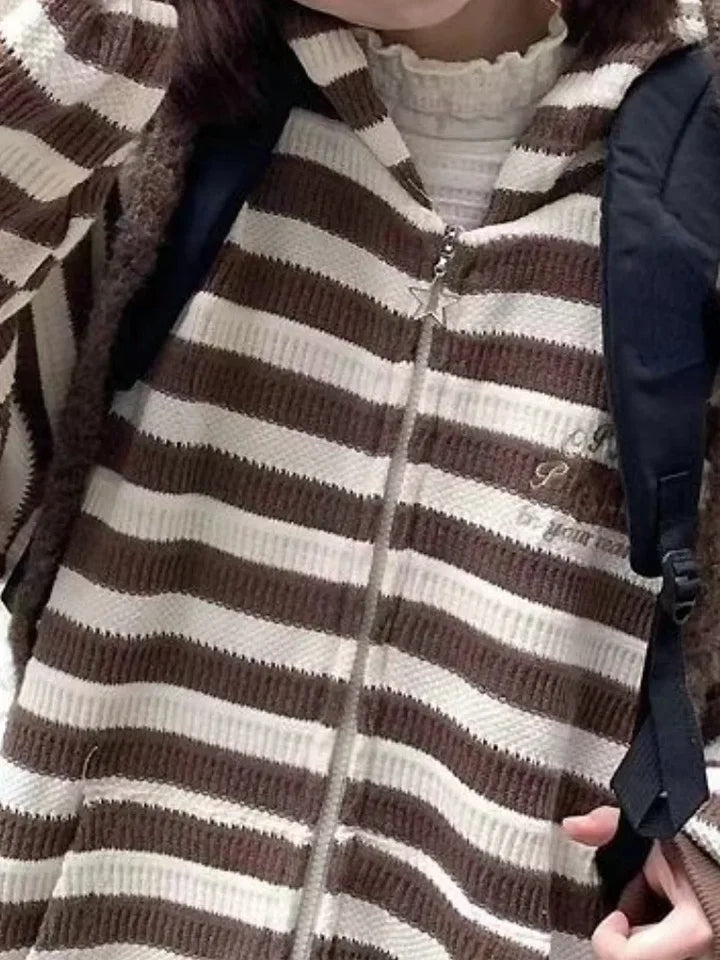Brown Stripe Zipper Cardigan