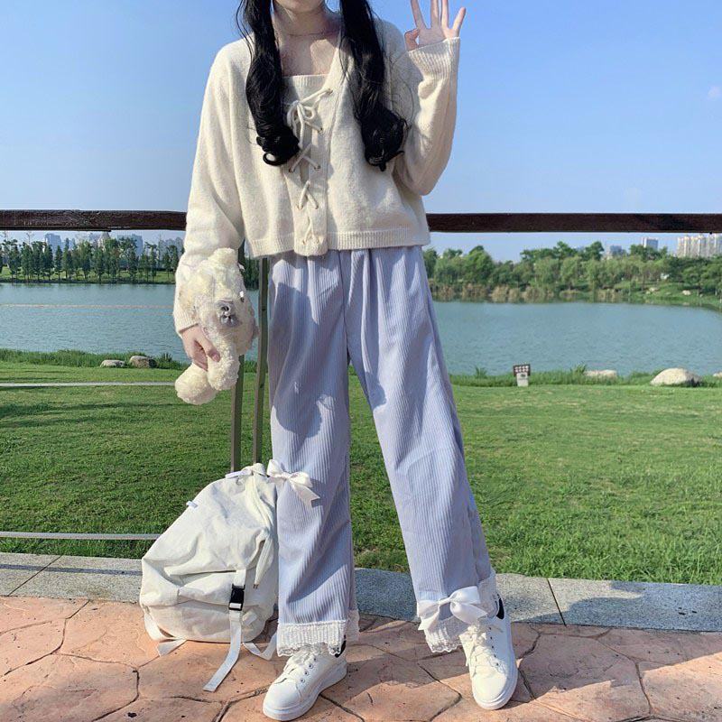 Sweet Bow Lacee Wide Leg High Waist Corduroy Trousers