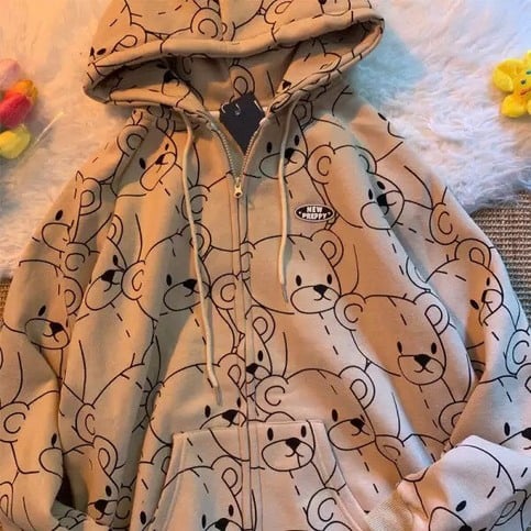 Cute Teddy Brown Bear Oversized Hoodie Zip Up Sweatshirt Sweater Long Sleeve Jumper Pullover E-Girl Kawaii Korean Japanese Harajuku Streetwear