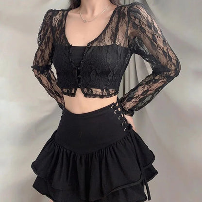 Black Lace V Neck Crop Top Cardigan