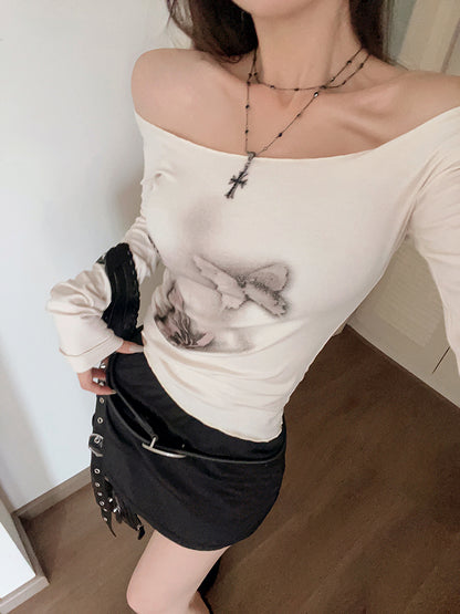 Butterfly Print Off Shoulder Long Sleeve Shirt