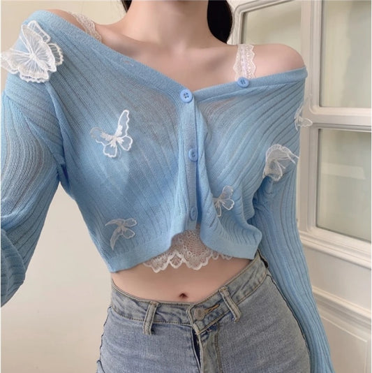 Cute Sweet Butterfly Knit Cardigan V Neck Crop Top Thin Long Sleeve T-shirt Vintage Aesthetic Casual Summer E-Girl Kawaii Korean Japanese Harajuku