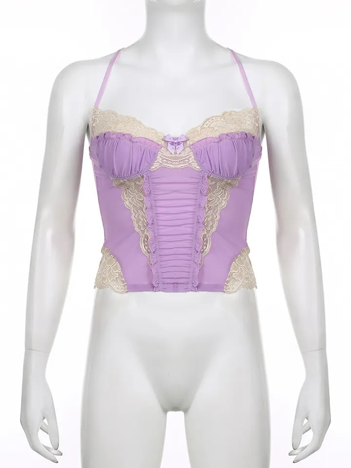 Purple Lace Trim Mesh Halter Top