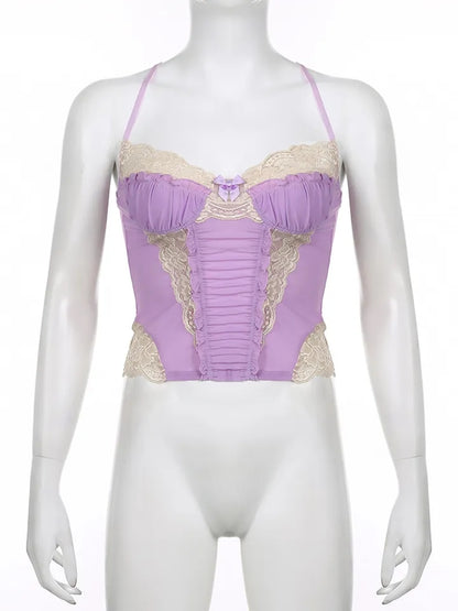 Purple Lace Trim Mesh Halter Top