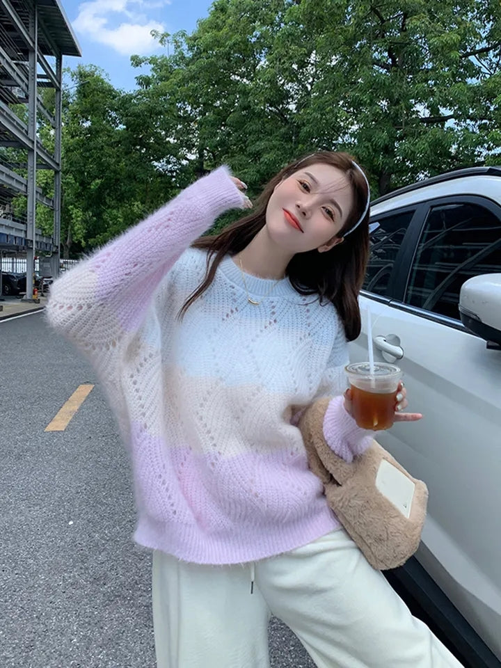 Pink Ombre Hollow Out Sweater