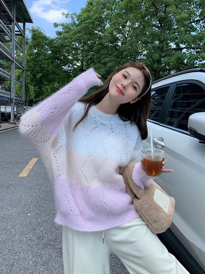 Pink Ombre Hollow Out Sweater