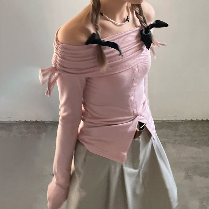 Pink Slash Neck Drawstring Long Sleeve Shirt