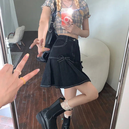Denim Bow Pleated Mini Skirt