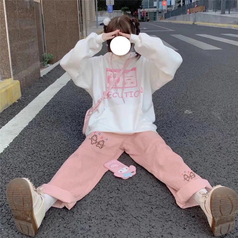 Cute Sweet Pink Bunny Cartoon Print Baggy Corduroy High Waisted Pants Trousers Aesthetic Casual Summer E-Girl Kawaii Korean Japanese Harajuku