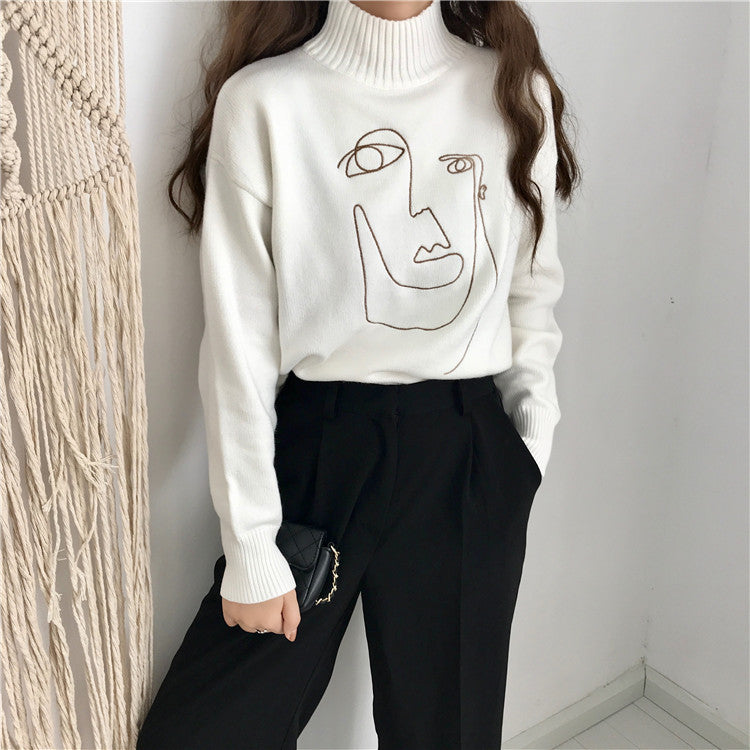 Cute Geometric Face Knit Turtleneck Oversized Sweater Long Sleeve Shirt Pullover Sweatshirt E-Girl Kawaii Korean Japanese Harajuku Retro Streetwear