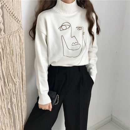 Cute Geometric Face Knit Turtleneck Oversized Sweater Long Sleeve Shirt Pullover Sweatshirt E-Girl Kawaii Korean Japanese Harajuku Retro Streetwear