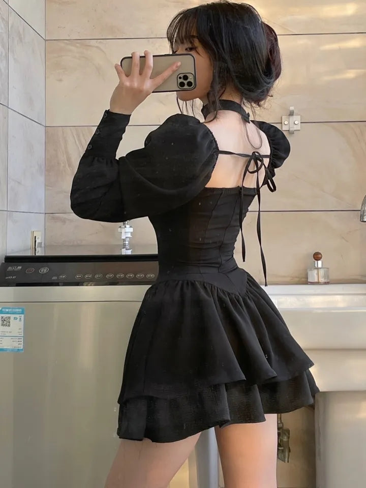 Black Vintage Long Sleeve Mini Dress