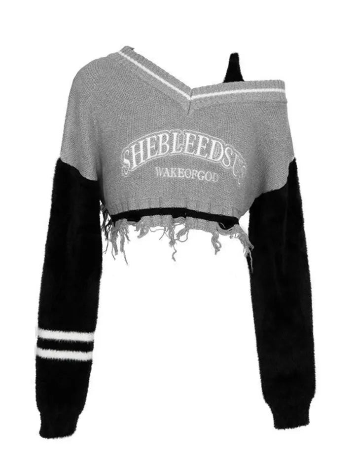 Grey Hollow Out Off Shoulder Cropped Sweater