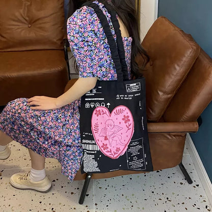 Cute Cupid Angel Love Heart Print Canvas Tote Shoulder ECO Bag 90s Retro Vintage Aesthetic Casual Summer E-Girl Kawaii Korean Japanese Harajuku