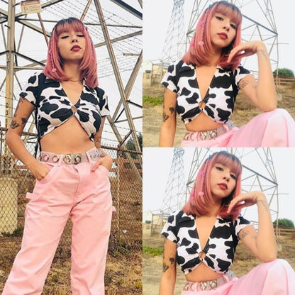 Cute Cow Print V Neck Short Sleeve Shirt Crop Top Summer Aesthetic Casual E-Girl Kawaii Korean Japanese Harajuku