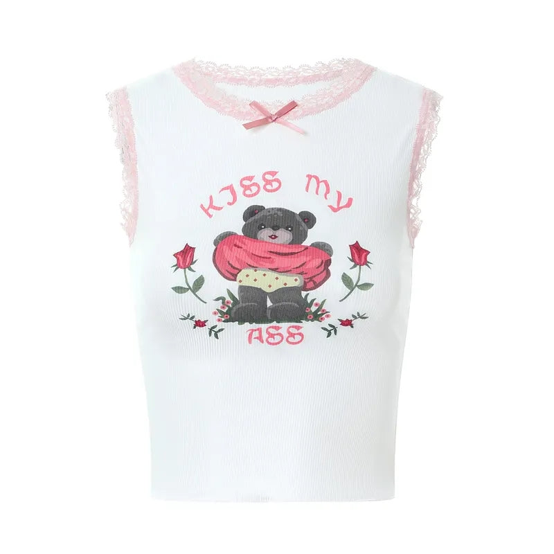 Pink Lace Bear Print Tank Top
