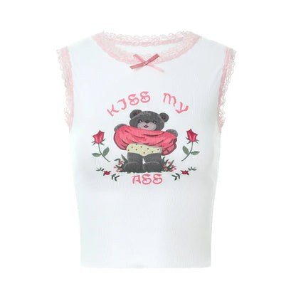 Pink Lace Bear Print Tank Top