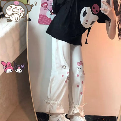 Cute White Kitty Cat Cartoon Print High Waisted Straight Pants Trousers Aesthetic Casual Summer E-Girl Kawaii Korean Japanese Harajuku