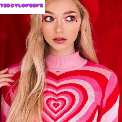 Cute Sweet 90s Hot Pink Heart Striped Long Sleeve Knit Top Sweater Sweatshirt Pullover Jumper Autumn E-Girl Kawaii Korean Japanese Harajuku Streetwear