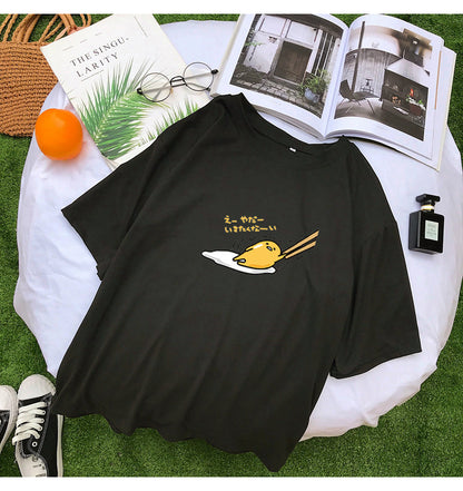 Funny Lazy Egg Cartoon Anime Print Casual Loose Short Sleeve Tee Shirt T-shirt Top E-Girl Kawaii Korean Japanese Harajuku Streetwear
