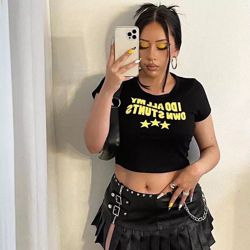Yellow Funny Own Stunts Graphic Print Short Sleeve Shirt Crop Top Summer Aesthetic Casual E-Girl Kawaii Korean Japanese Harajuku