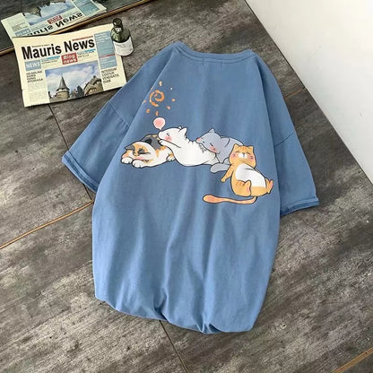 Cute Napping Cat Cartoon Print Short Sleeve Shirt Tees Aesthetic Casual Summer E-Girl Kawaii Korean Japanese Harajuku