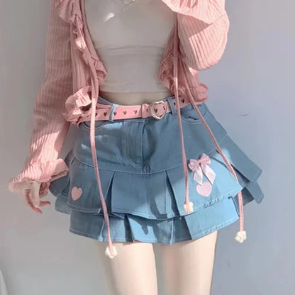 Heart Embroidery Blue Denim Skirt