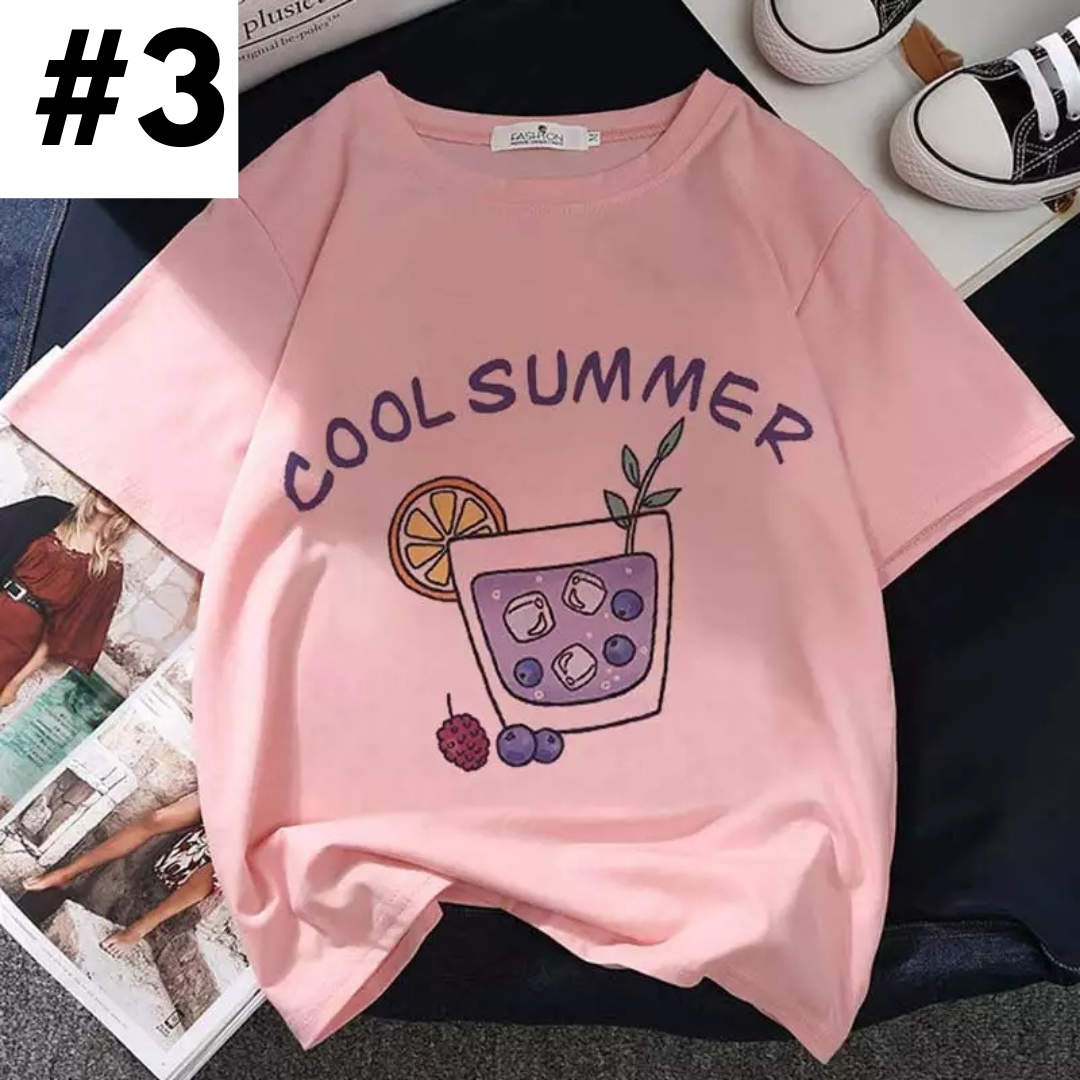 Cute Pastel Pink Strawberry Peach Juice Cartoon Print Loose Short Sleeve Shirt Aesthetic Casual E-Girl Kawaii Korean Japanese Harajuku