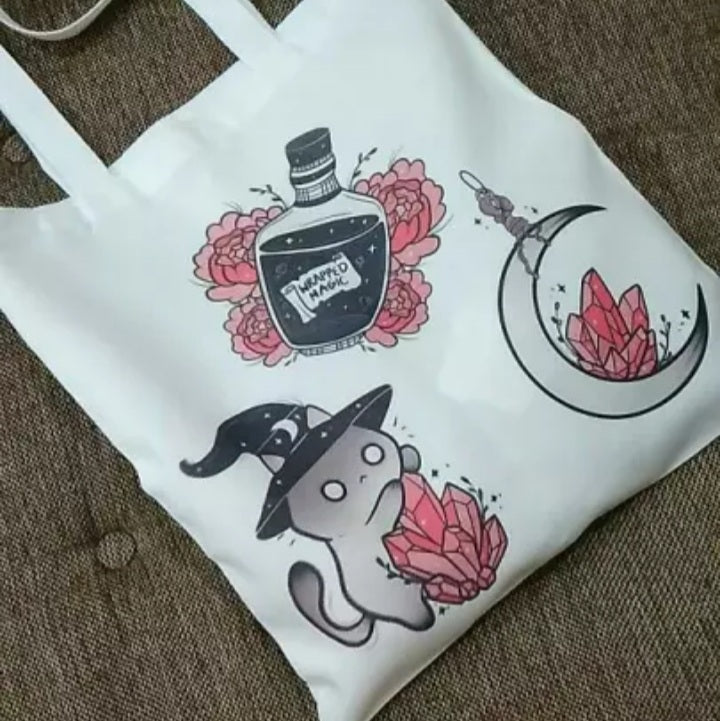 Cute Cat Witch Magic Print Reusable Shopping Tote Bag Canvas Tote Shoulder Bag Aesthetic Casual E-Girl Kawaii Korean Japanese Harajuku