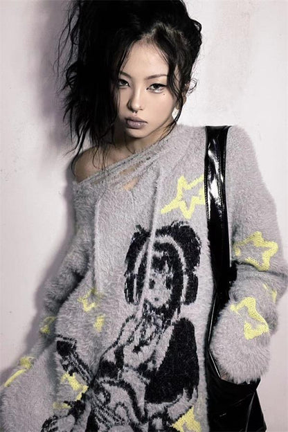 Grey Anime Girl Oversized Sweater