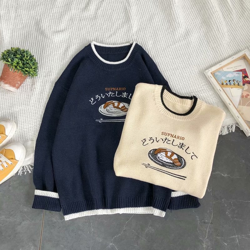 Cute Sushi Fish Knit Soft Long Sleeve Hoodie Oversized Loose Sweater Sweatshirt Pullover Jumper E-Girl Kawaii Korean Japanese Harajuku Streetwear