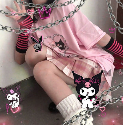 Cute Pastel Pink Anime Cartoon Print Rabbit Letter Short Sleeve Shirt T-shirt Top E-Girl Kawaii Korean Japanese Harajuku Streetwear