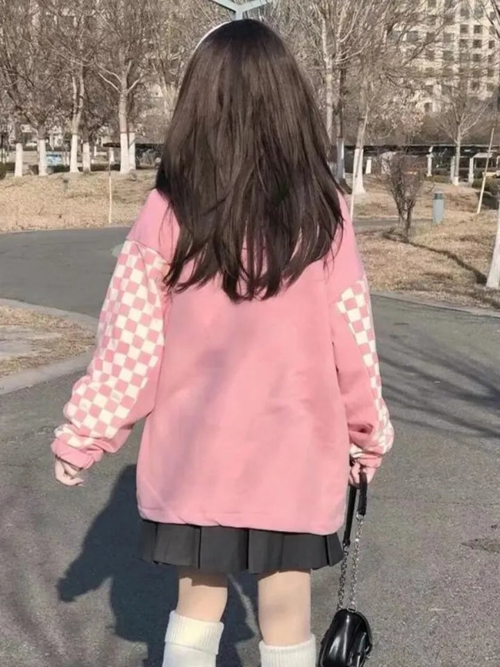 Pink Plaid Checkboard Zip Up Oversized Sweatshirt