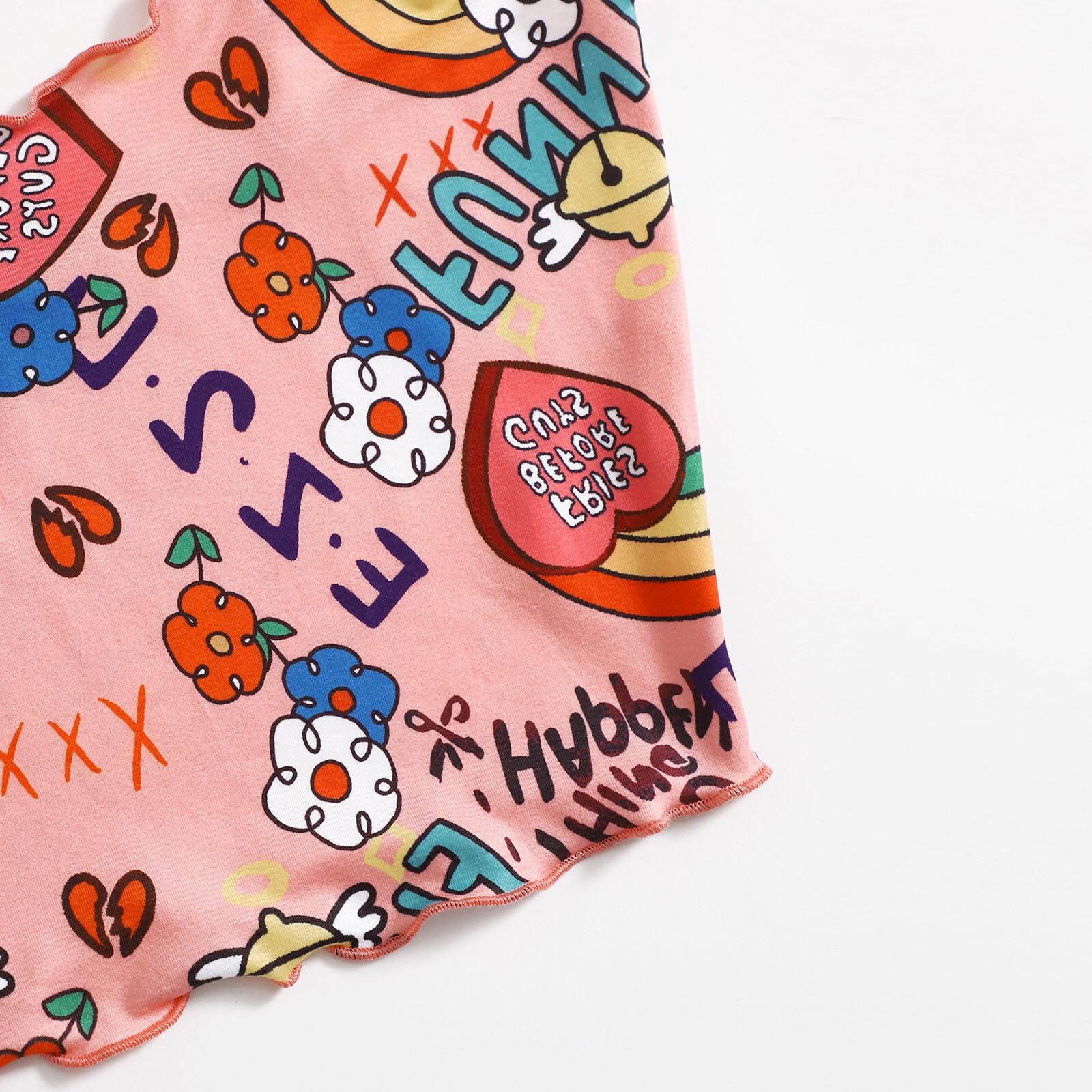 Cute Comic Flower Graphic Print Tank Crop Top Camisole Sleeveless Shirt Summer Casual Aesthetic Goth E-Girl Kawaii Korean Japanese Harajuku Streetwear