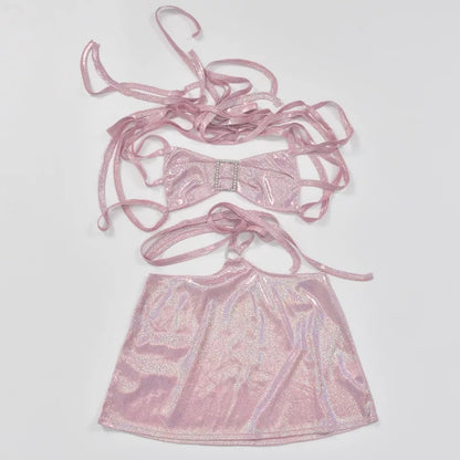 Cute 2pc Set Pink Glitter Fairy Crop Top + Mini Skirt Sexy Club Party Rave Summer Aesthetic Casual E-Girl Kawaii Korean Japanese Harajuku