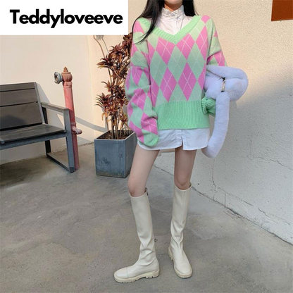 Green & Pink Lattice V Neck Sweater