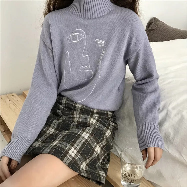 Cute Geometric Face Knit Turtleneck Oversized Sweater Long Sleeve Shirt Pullover Sweatshirt E-Girl Kawaii Korean Japanese Harajuku Retro Streetwear