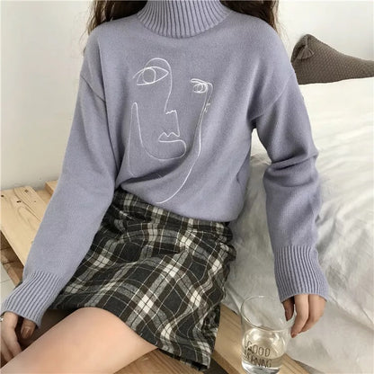 Cute Geometric Face Knit Turtleneck Oversized Sweater Long Sleeve Shirt Pullover Sweatshirt E-Girl Kawaii Korean Japanese Harajuku Retro Streetwear